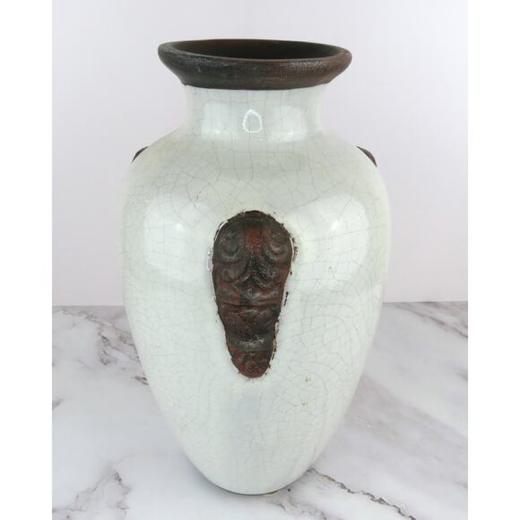 Vintage Large Crackle Glaze Pottery Vase w/ Mask Handles Rustic Asian Style 13" - Picture 3 of 9
